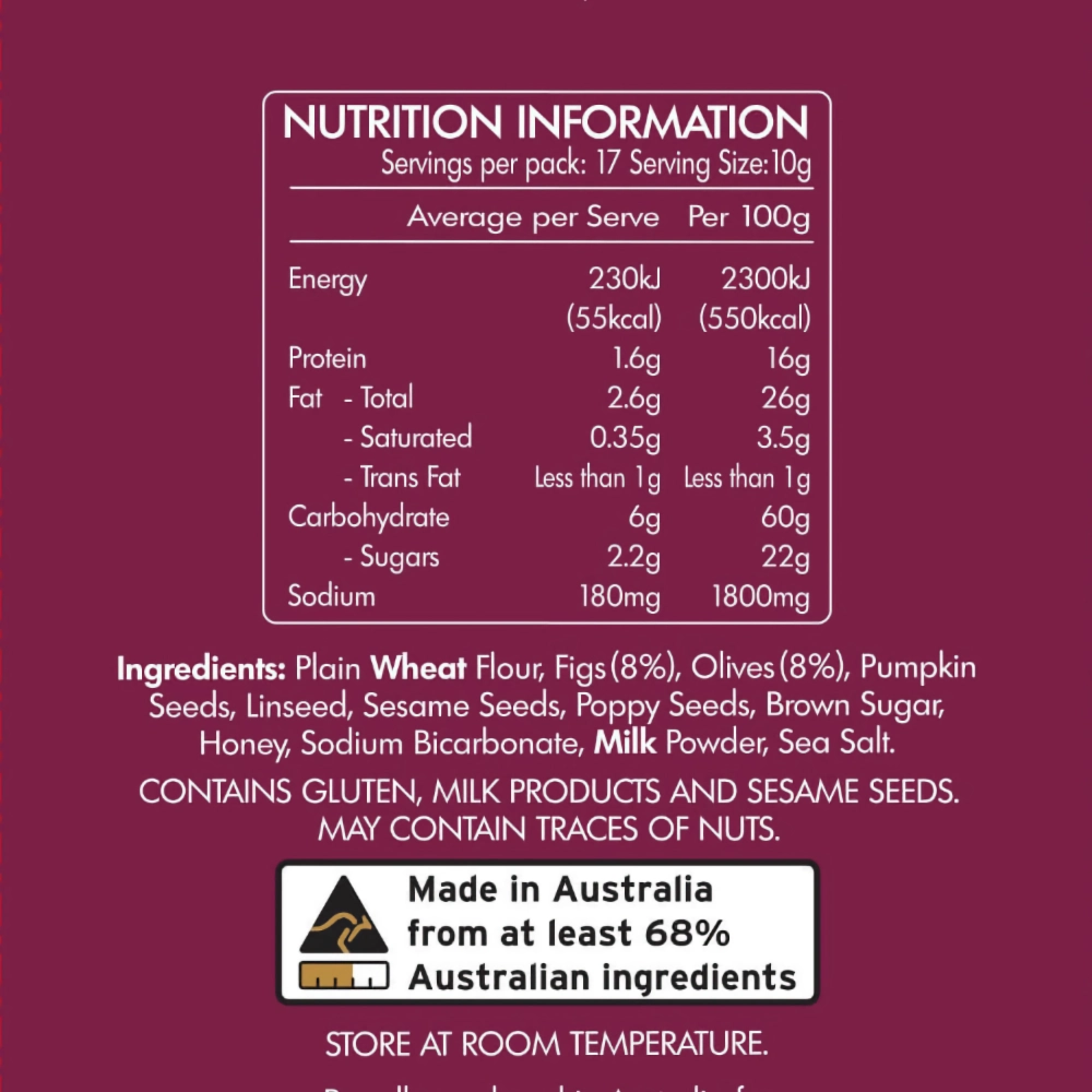 Crispbreads fig and olive nutrition panel The Gourmet Merchant