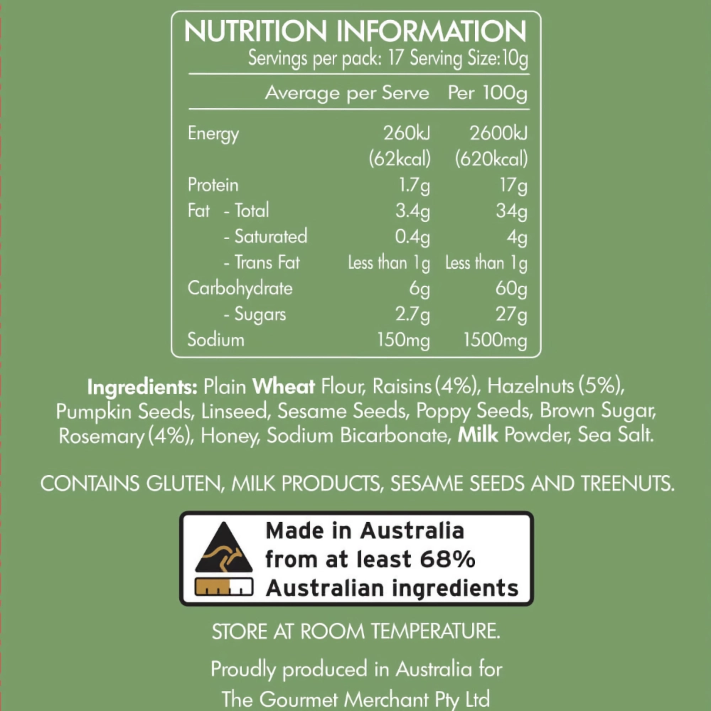 Crispbreads rosemary raisin hazelnut nutrition panel. The Gourmet Merchant