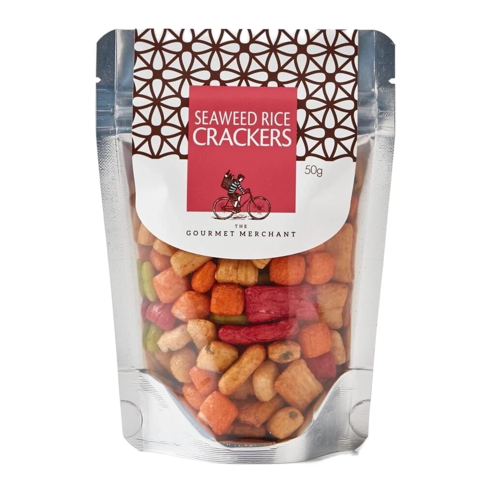 The gourmet merchant seaweed rice crackers in smart stand up packs and stylish label